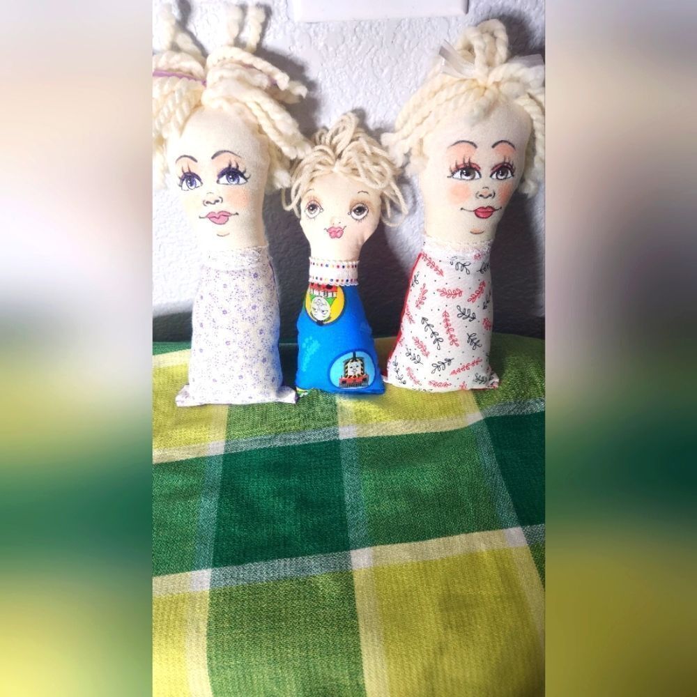 Unbranded 3 Cloth Dolls Painted Face Fabrics Bodies 8.5", 10.5", 11"